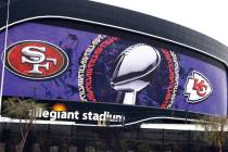 Allegiant Stadium is seen dressed up for the Super Bowl as Super Bowl preparations continue, on ...