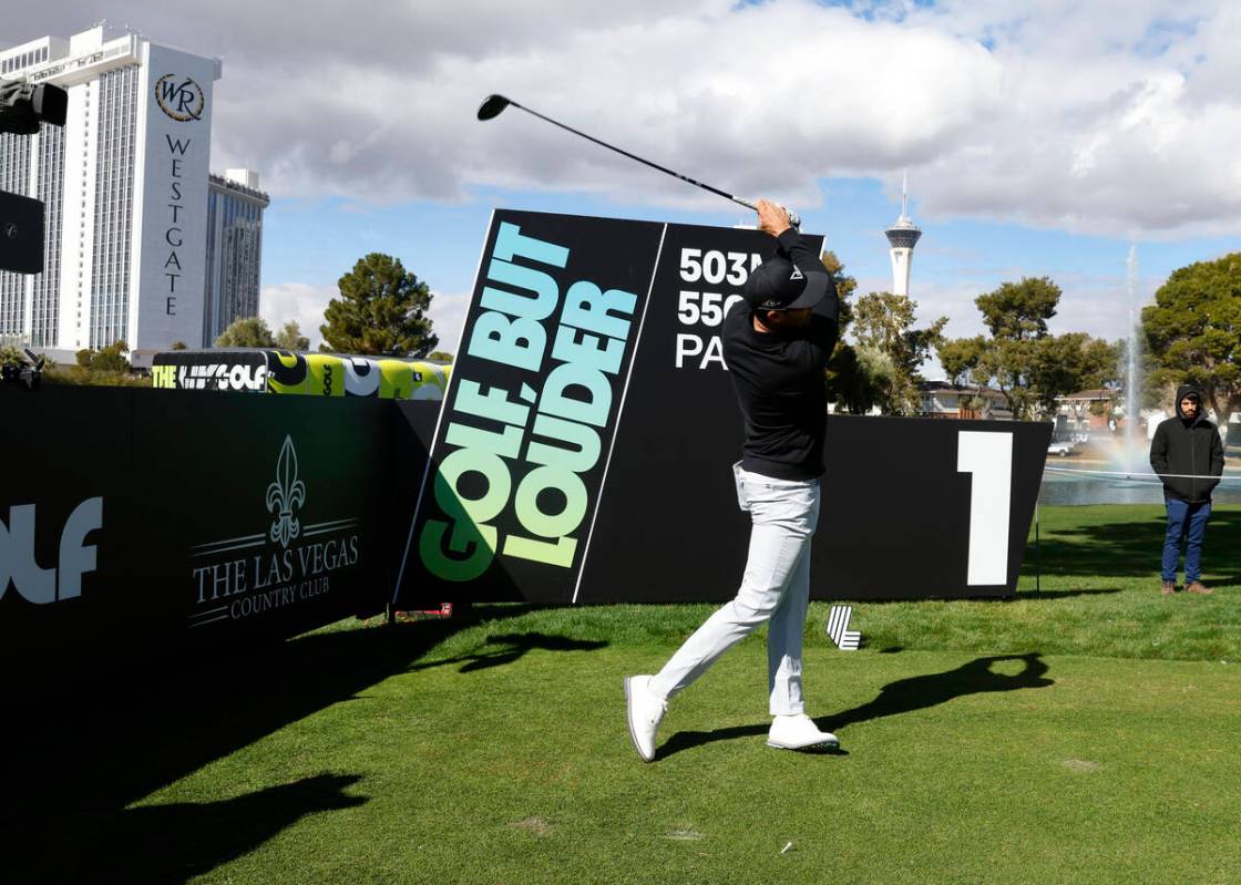 Cameron Triangale watches his tee shot during LIV Golf Las Vegas Pro-Am tournament at Las Vegas ...