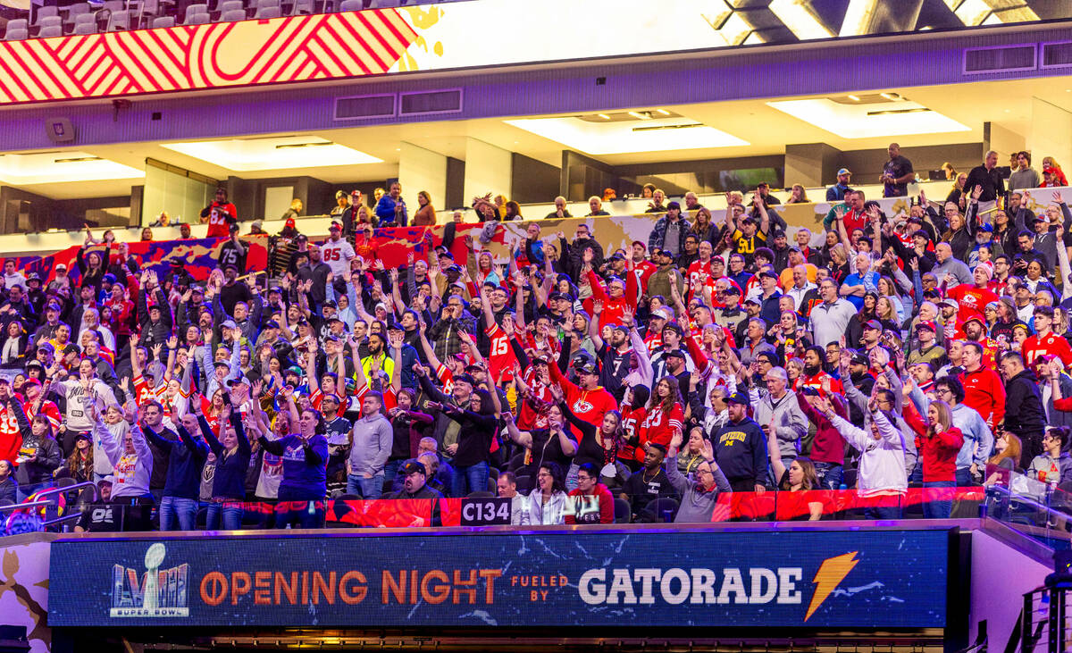 Fans stand and cheer by request of the Blue Man Group during the Super Bowl Opening Night celeb ...