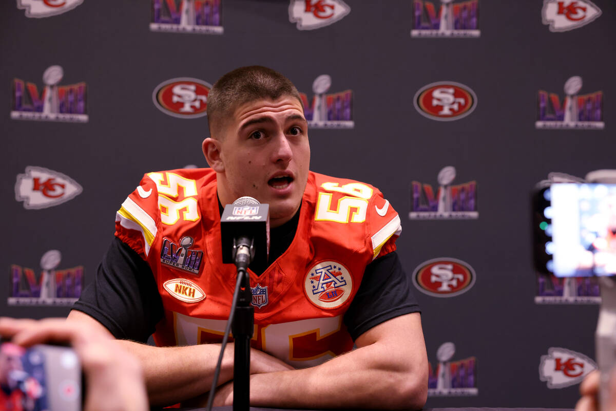 Kansas City Chiefs defensive end George Karlaftis talks with the news media at Westin Lake Las ...