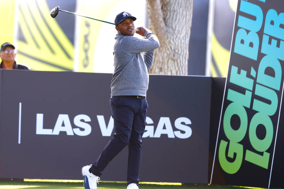Harold Varner III of team Aces GC drives off the tee during the first round of LIV Golf Las Veg ...