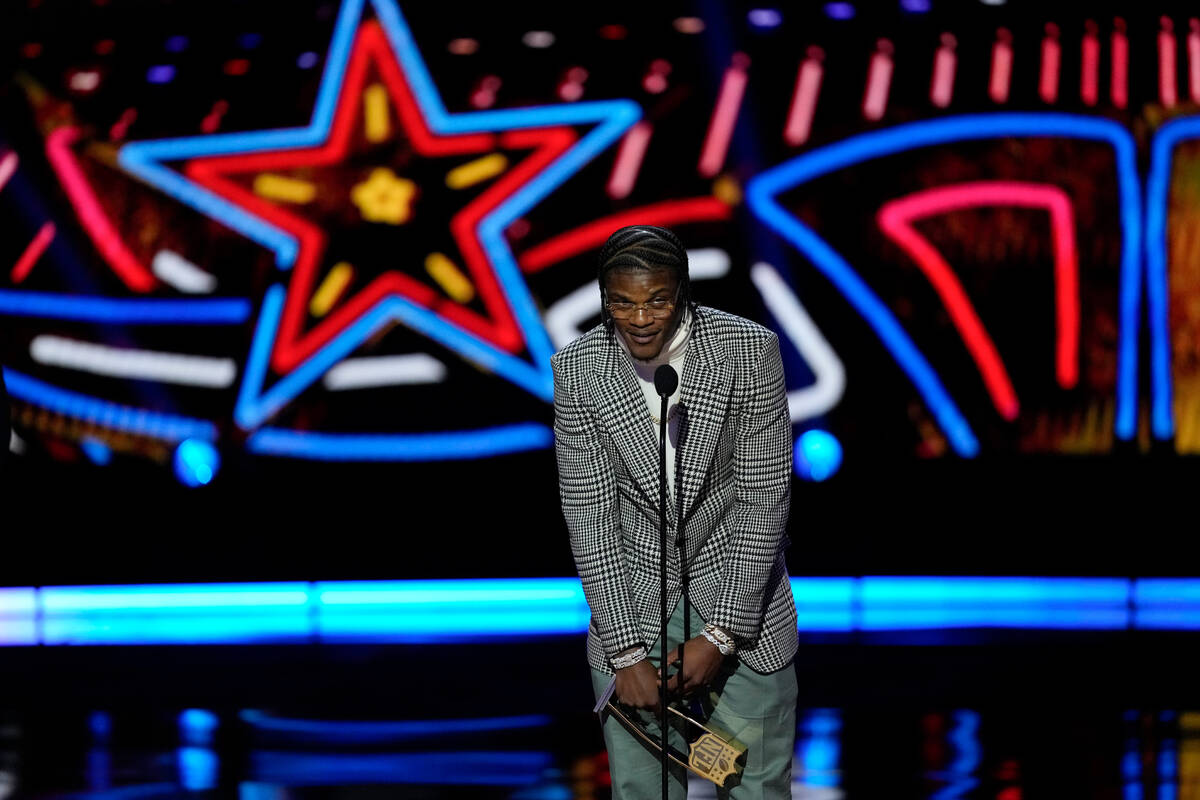 Baltimore Ravens' Lamar Jackson, AP Most valuable player speaks during the NFL Honors award sho ...