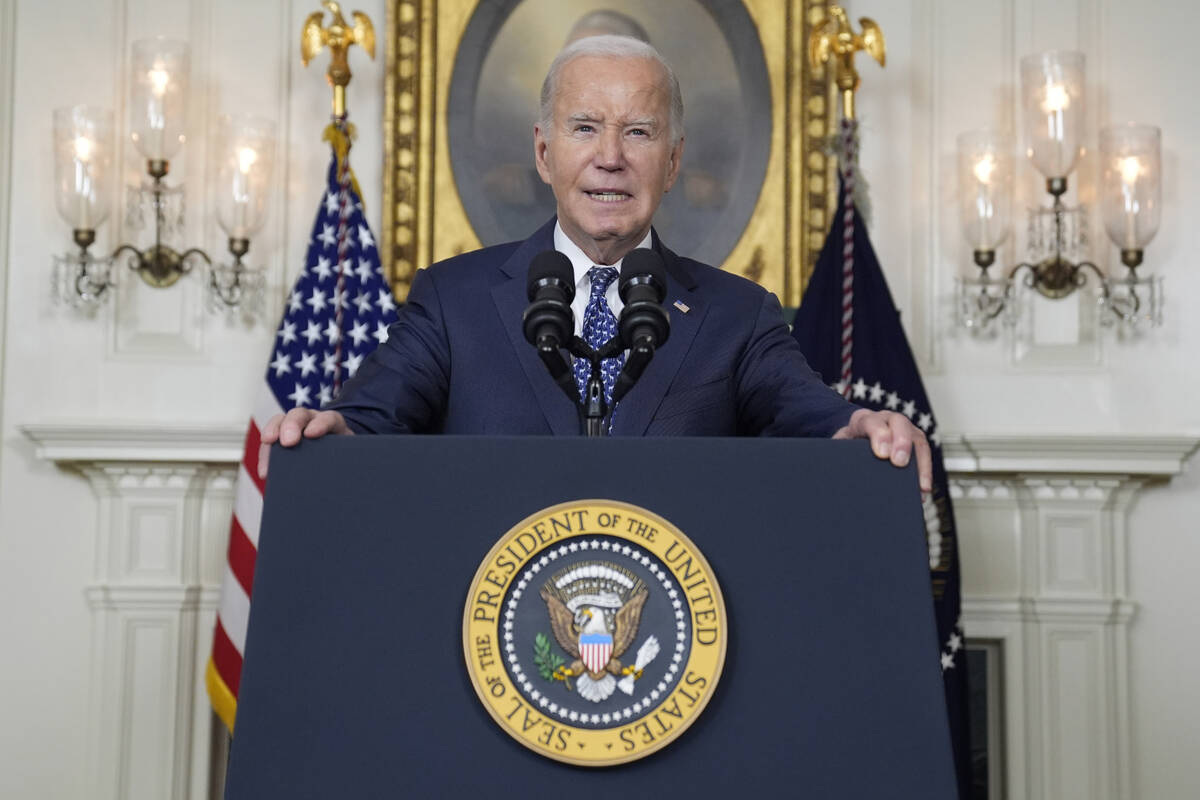 President Joe Biden speaks in the Diplomatic Reception Room of the White House, Thursday, Feb. ...