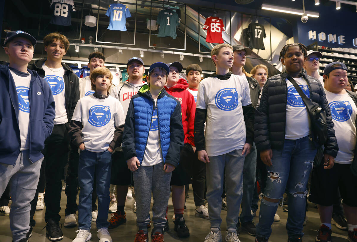 Make-A-Wish kids arrive at the Lids Flagship Store, on Thursday, Feb. 8, 2024, in Las Vegas. Ra ...