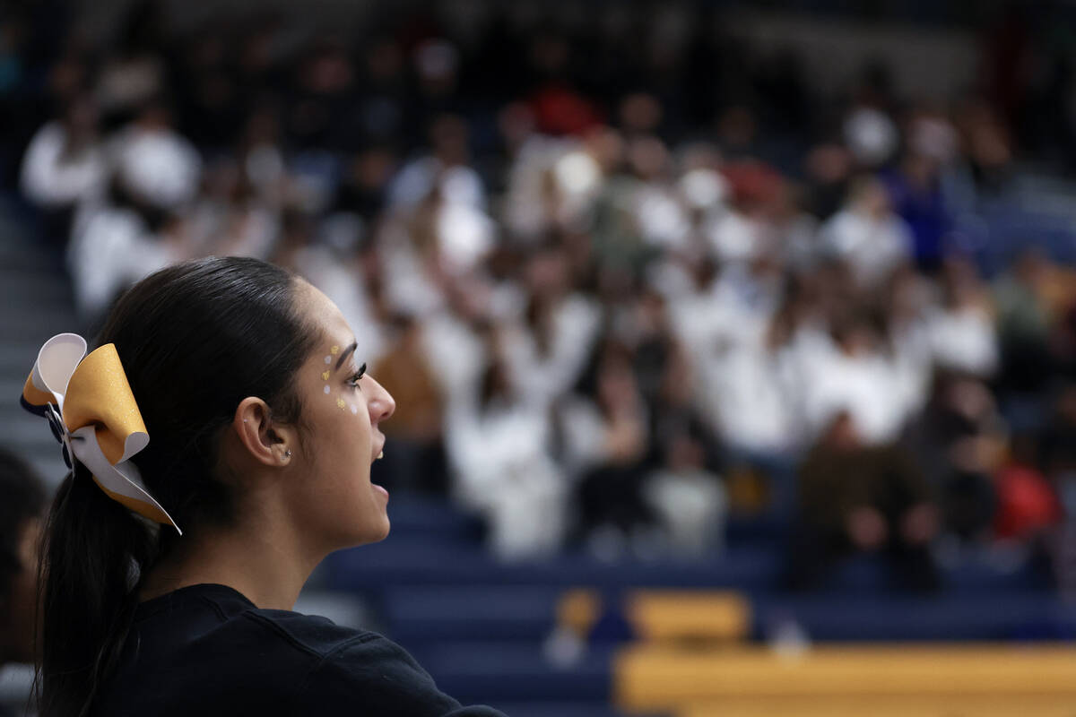 A Sierra Vista cheerleader pumps up her team during a Class 4A first round playoff high school ...