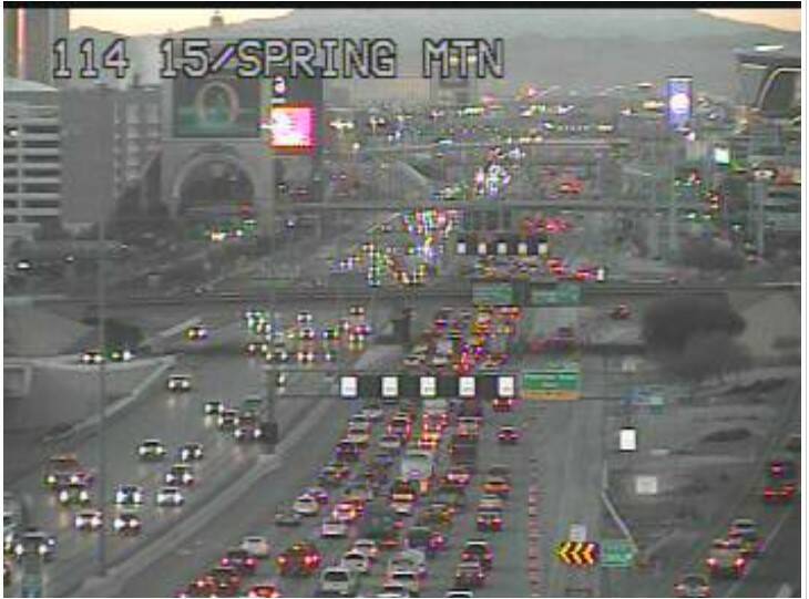 Traffic backed up on southbound Interstate 15 at Spring Mountain Road on Monday, Feb. 12, 2024 ...