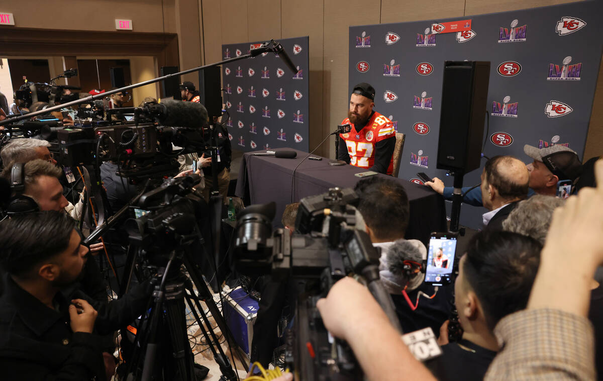 Kansas City Chiefs tight end Travis Kelce talks with the news media at Westin Lake Las Vegas in ...