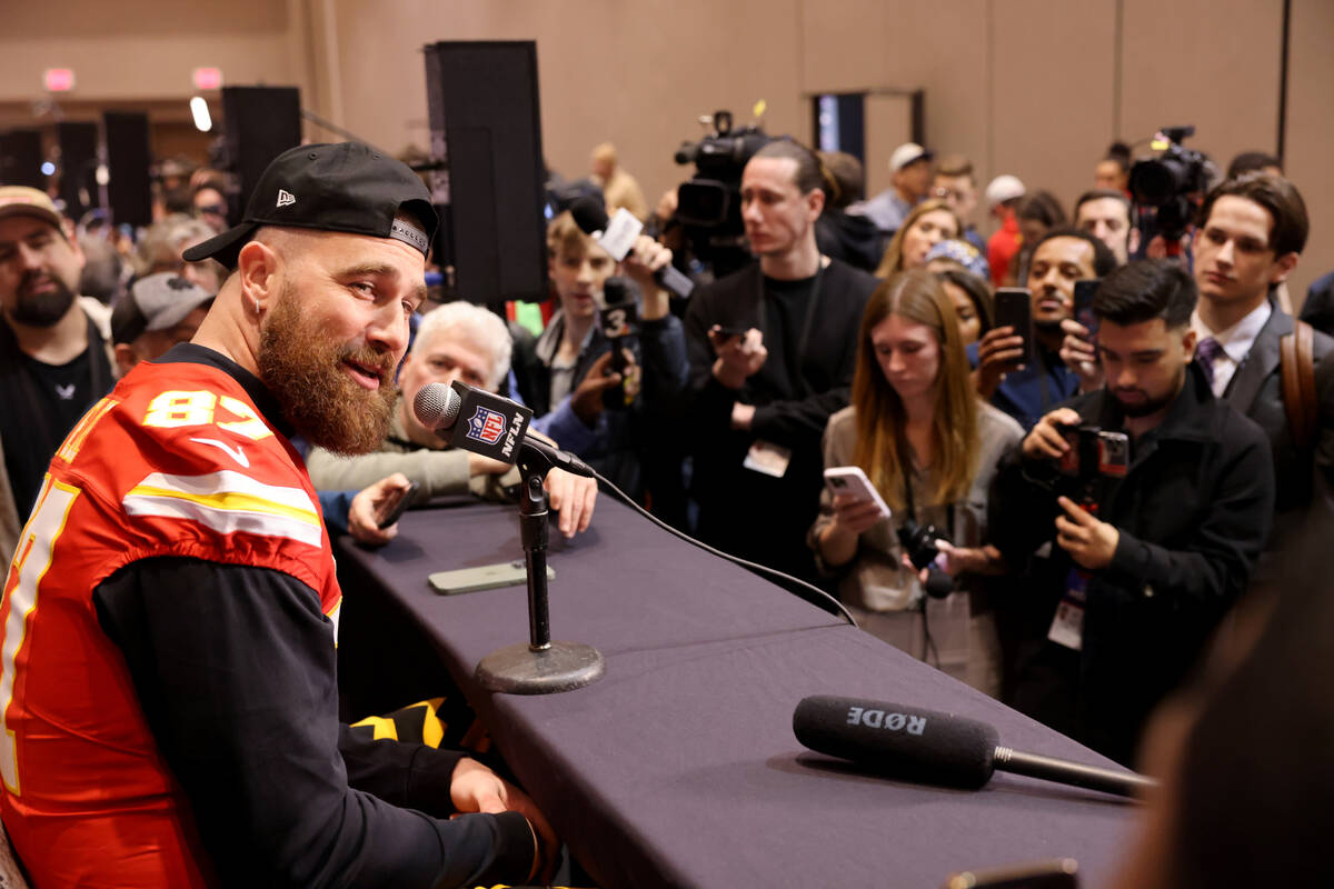 Kansas City Chiefs tight end Travis Kelce talks with the news media at Westin Lake Las Vegas in ...