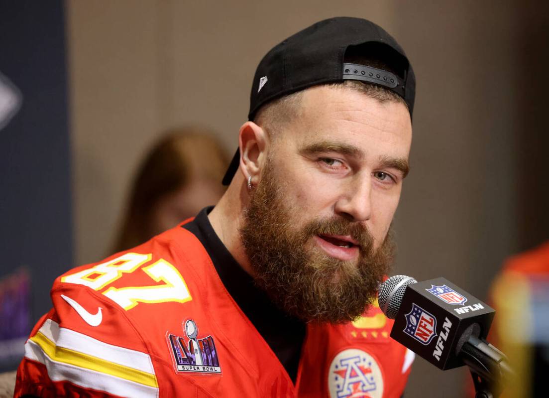 Kansas City Chiefs tight end Travis Kelce talks with the news media at Westin Lake Las Vegas in ...