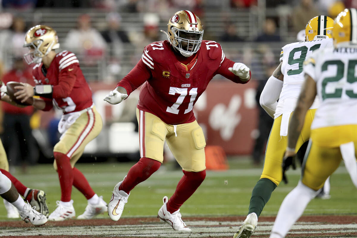 San Francisco 49ers offensive tackle Trent Williams (71) blocks during an NFL divisional round ...