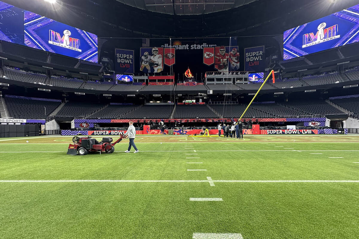 Allegiant Stadium's field tray moved inside the facility ahead of Super Bowl 58, as seen on Feb ...