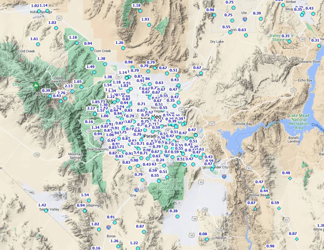 Weekly rainfall totals ending at 4:55 p.m. Friday, Feb. 9, 2024, across the Las Vegas regional. ...