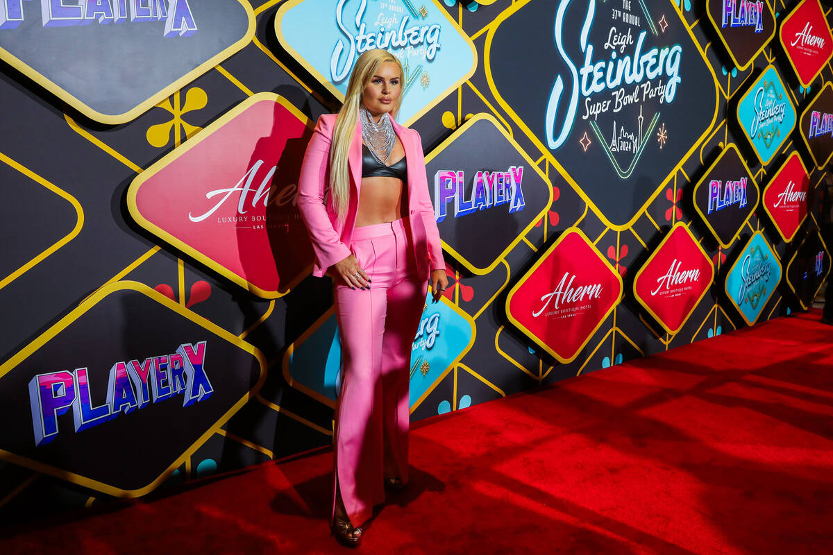 Ashlee Keating poses on the red carpet at Leigh Steinberg’s 37th Annual Super Bowl Party ...