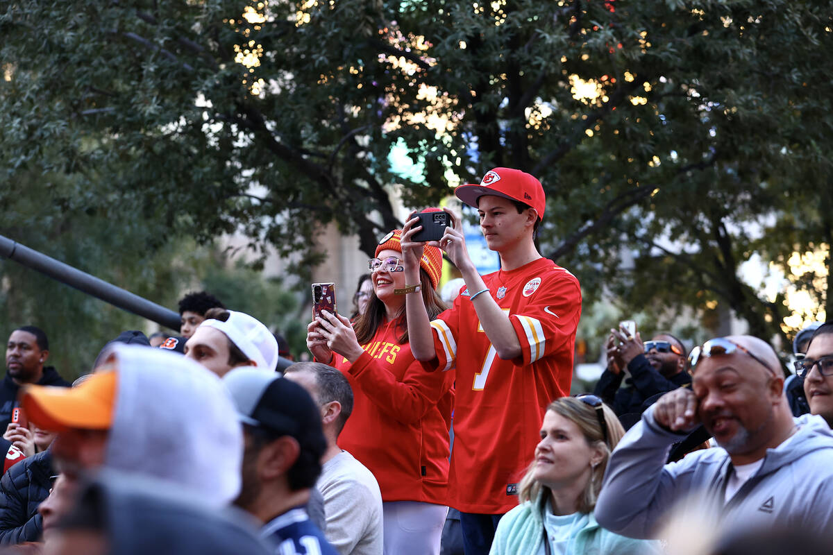 Kansas City Chiefs fans record the entertainment outside New York New York Saturday, Feb. 10, 2 ...