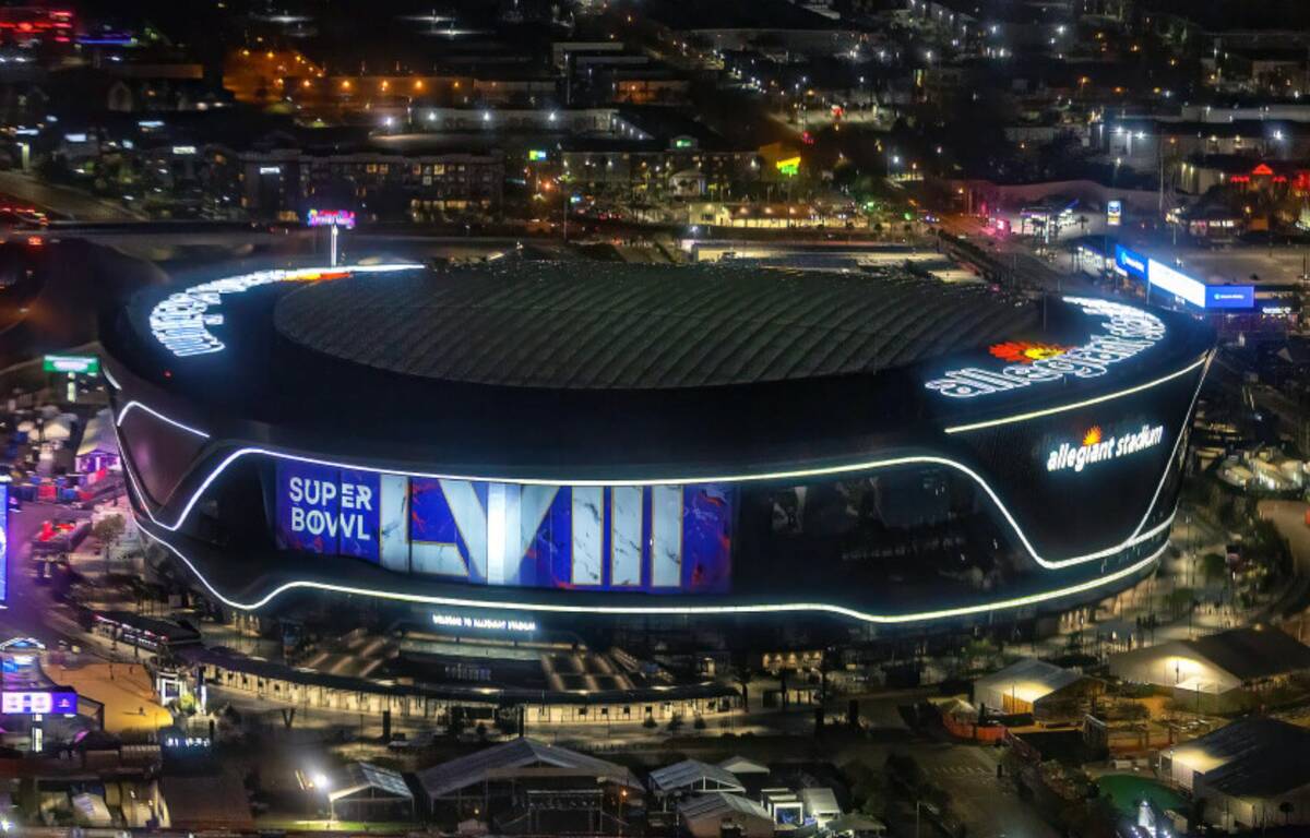 Allegiant Stadium viewed from within a Maverick Helicopter flying about the Strip skyline. (L.E ...