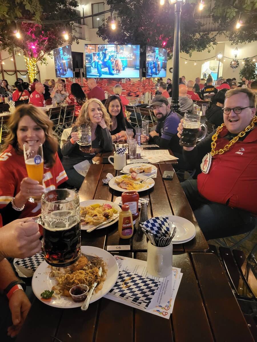 Chiefs' fans enjoying some German beer before kickoff on Sunday, Feb. 11, 2024. (Peter S. Levit ...