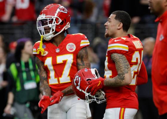 Kansas City Chiefs wide receiver Richie James (17) and Kansas City Chiefs wide receiver Skyy Mo ...