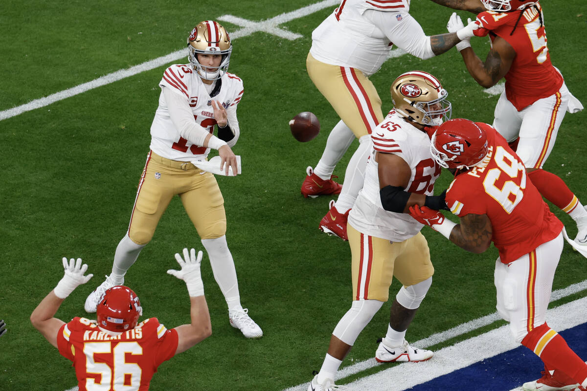 San Francisco 49ers quarterback Brock Purdy (13) throws against the Kansas City Chiefs during S ...