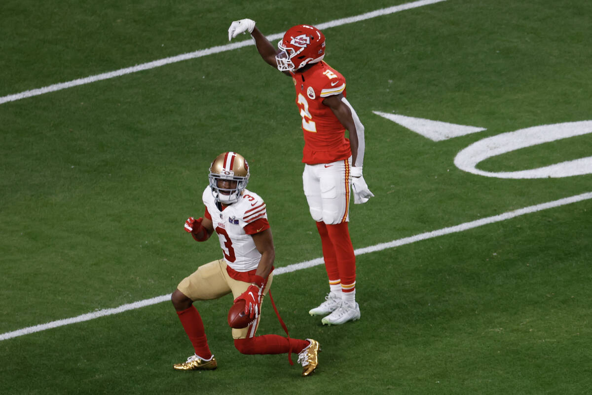 Kansas City Chiefs cornerback Joshua Williams (2) signals his stop of San Francisco 49ers wide ...