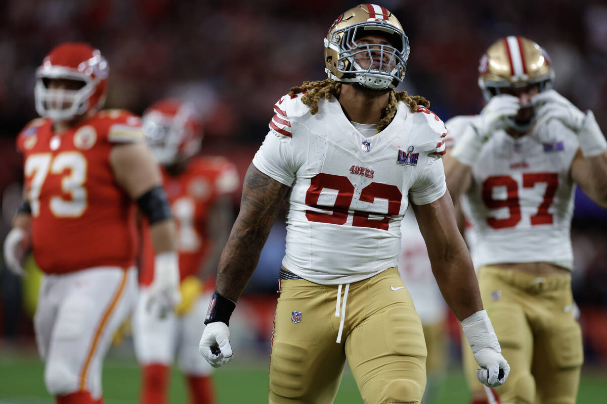 San Francisco 49ers defensive end Chase Young (92) celebrates his sack of Kansas City Chiefs qu ...