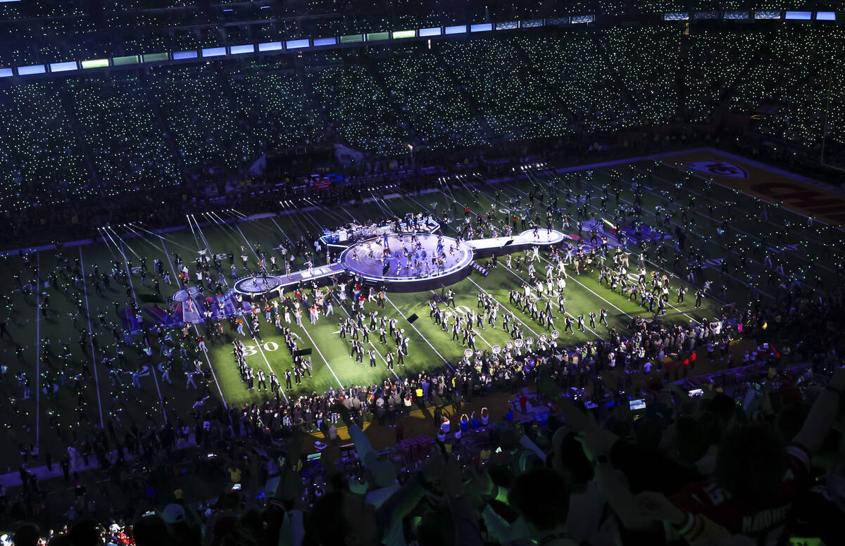 Usher performs during the halftime show at Super Bowl 58 at Allegiant Stadium on Sunday, Feb. 1 ...