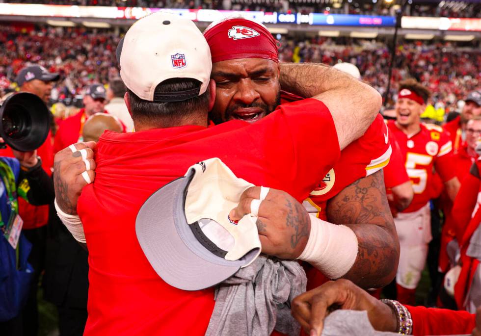 Kansas City Chiefs defensive tackle Mike Pennel Jr. celebrates after winning Super Bowl 58 in ...