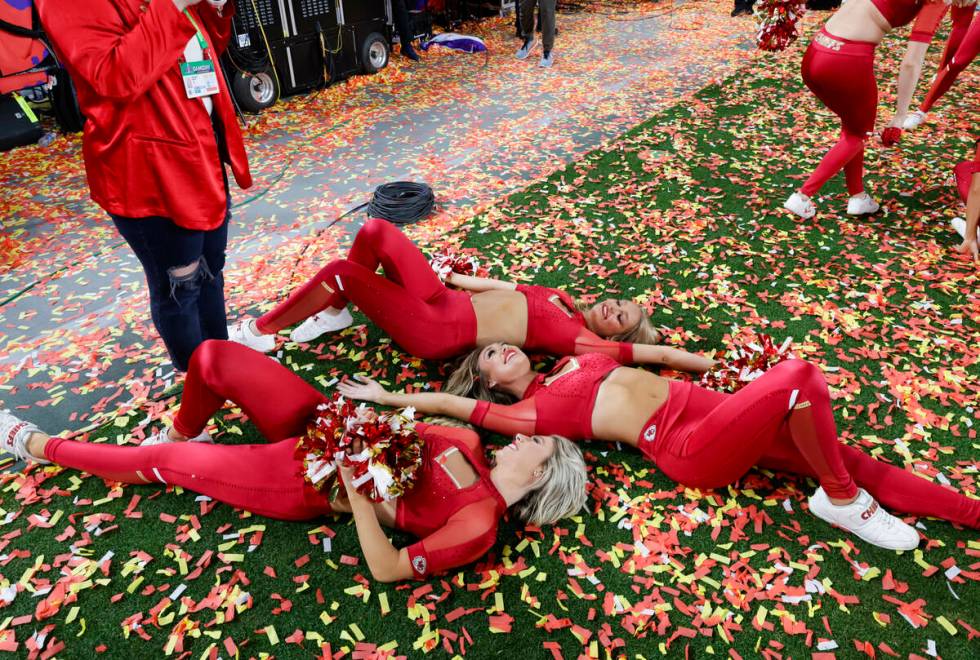 Kansas City Chiefs cheerleaders celebrate after winning Super Bowl 58 in overtime against the S ...