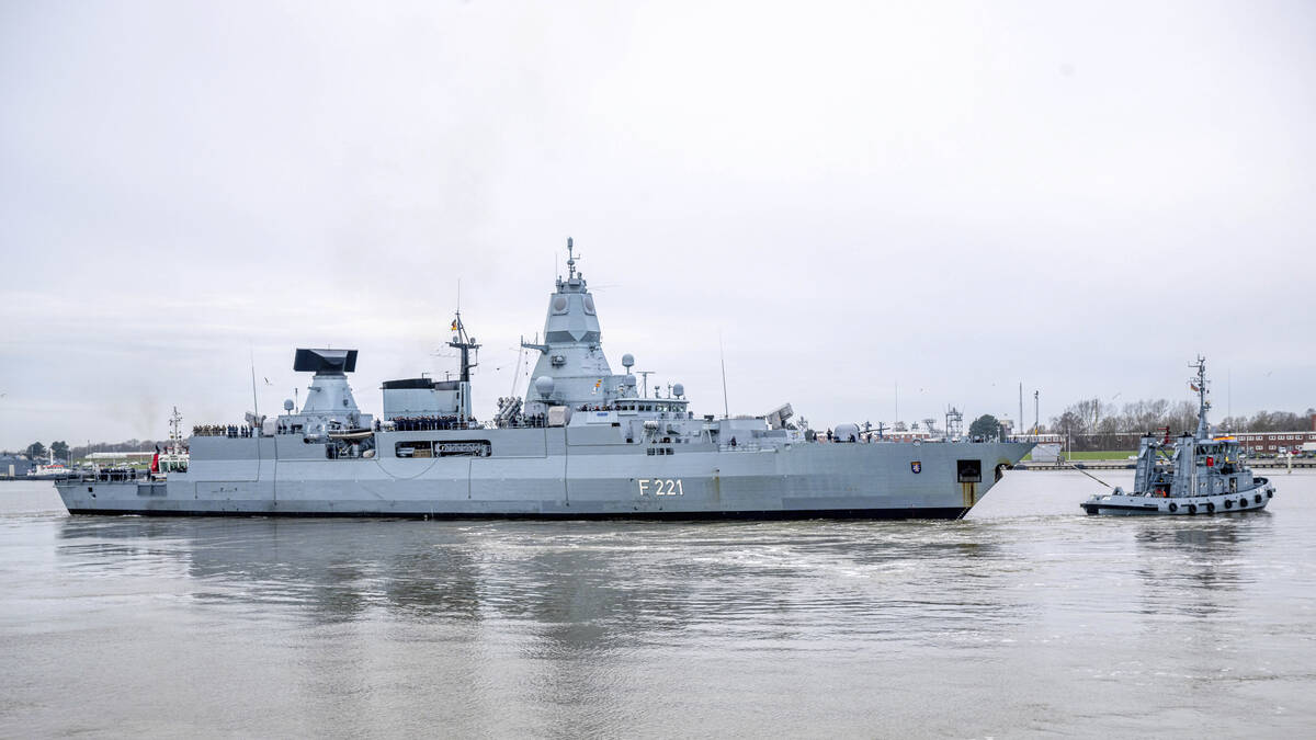 The frigate "Hessen" leaves the port at Wilhelmshaven, Germany, Thursday, Feb. 8, 202 ...