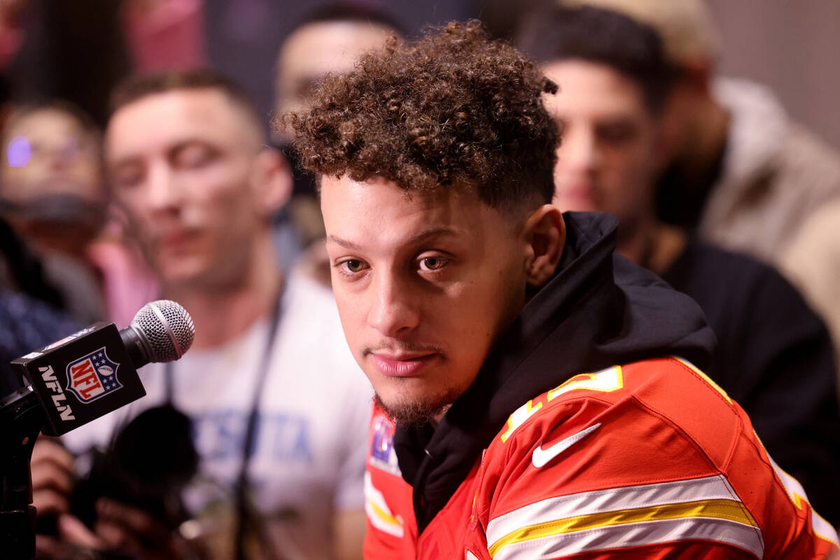 Kansas City Chiefs quarterback Patrick Mahomes talks with the news media at Westin Lake Las Veg ...