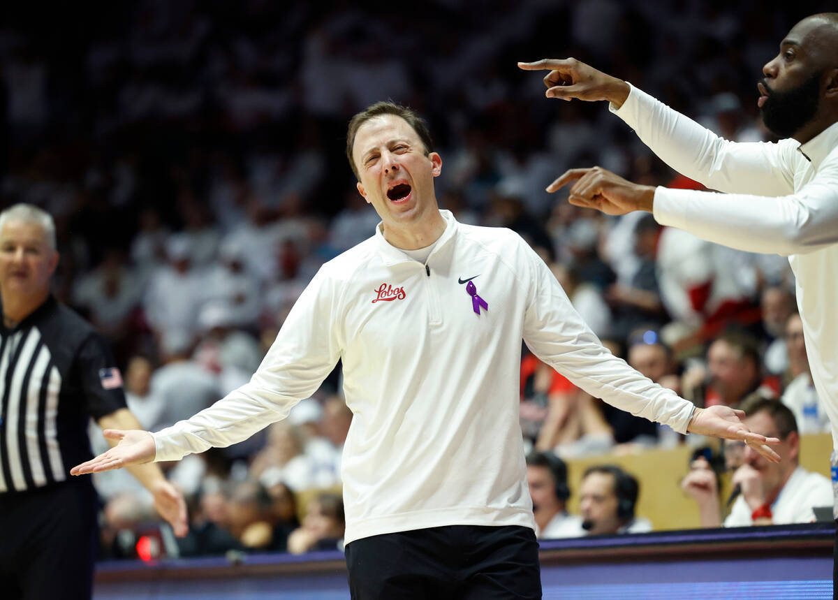 New Mexico head coach Richard Pitino reacts during the first half of an NCAA college basketball ...