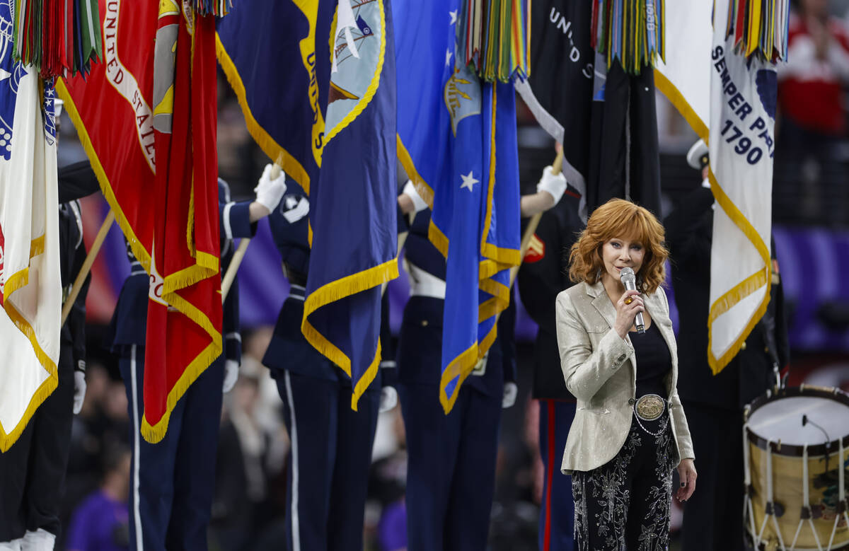 Reba McEntire performs before the start of Super Bowl 58 at Allegiant Stadium on Sunday, Feb. 1 ...