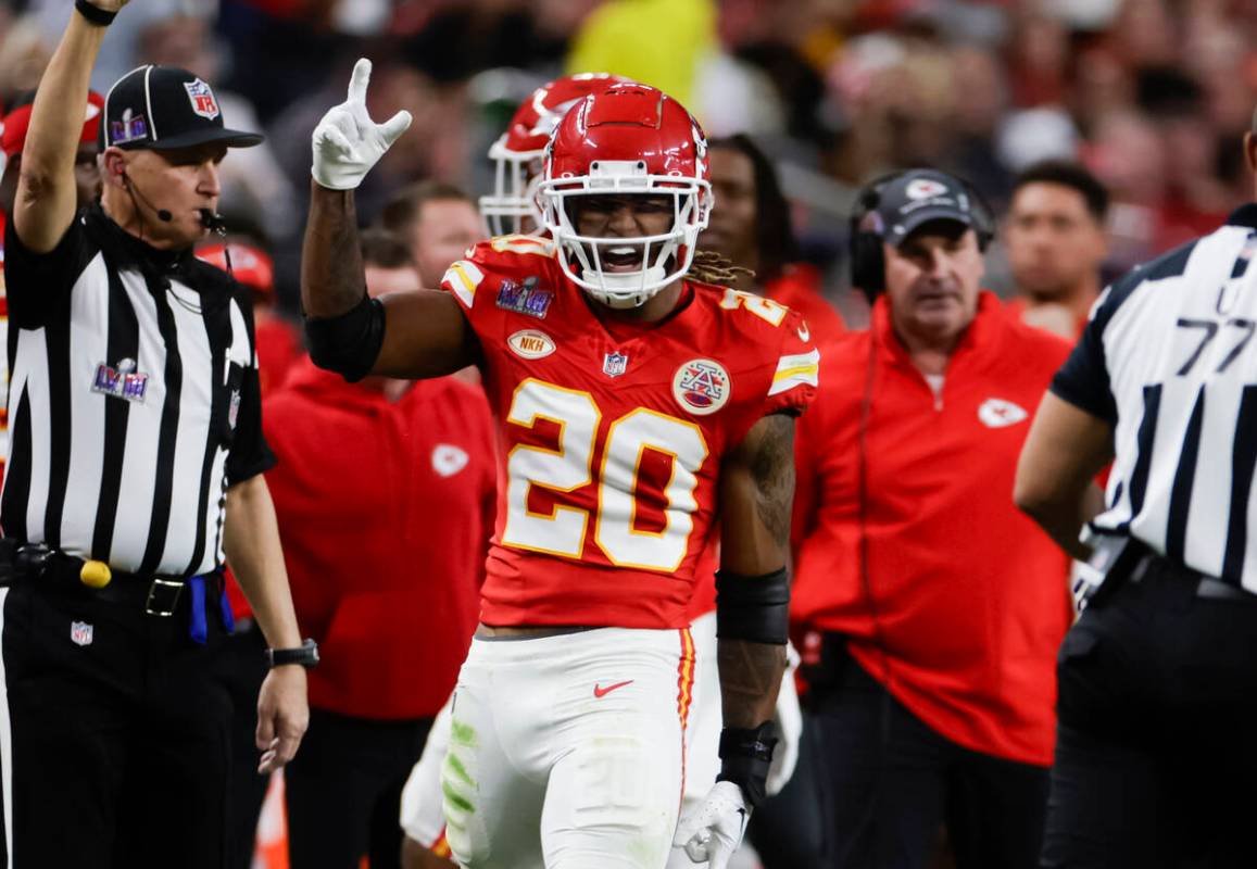 Kansas City Chiefs safety Justin Reid (20) celebrates after a play against the San Francisco 49 ...