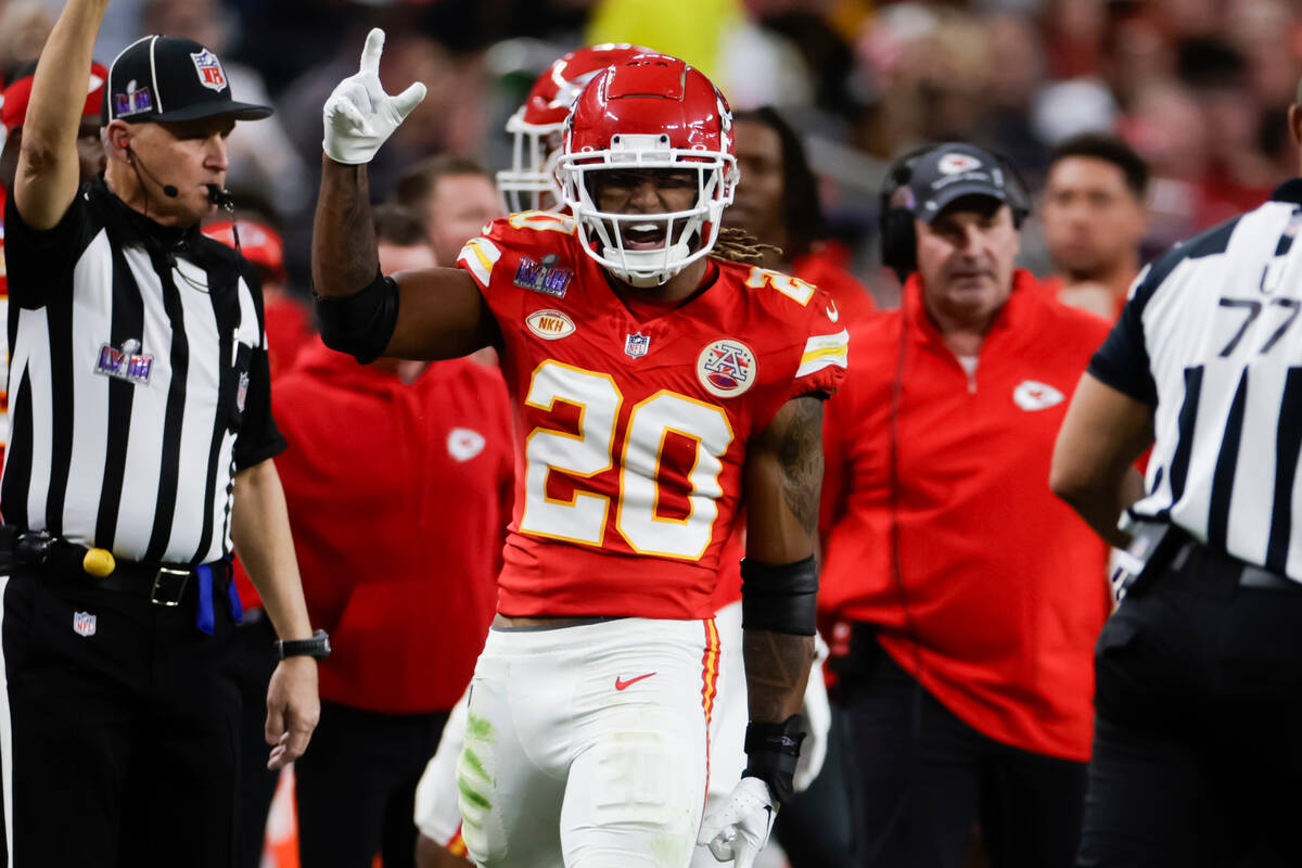 Kansas City Chiefs safety Justin Reid (20) celebrates after a play against the San Francisco 49 ...