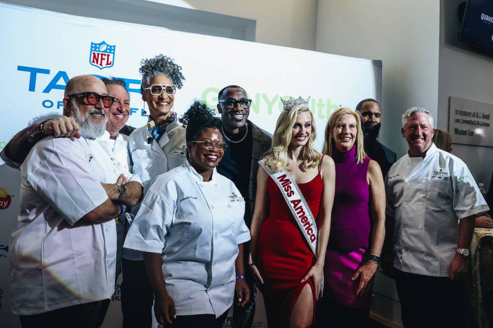 Madison Marsh, the 2024 Miss America, middle, poses with Shannon Sharpe, middle, Charles Woodso ...