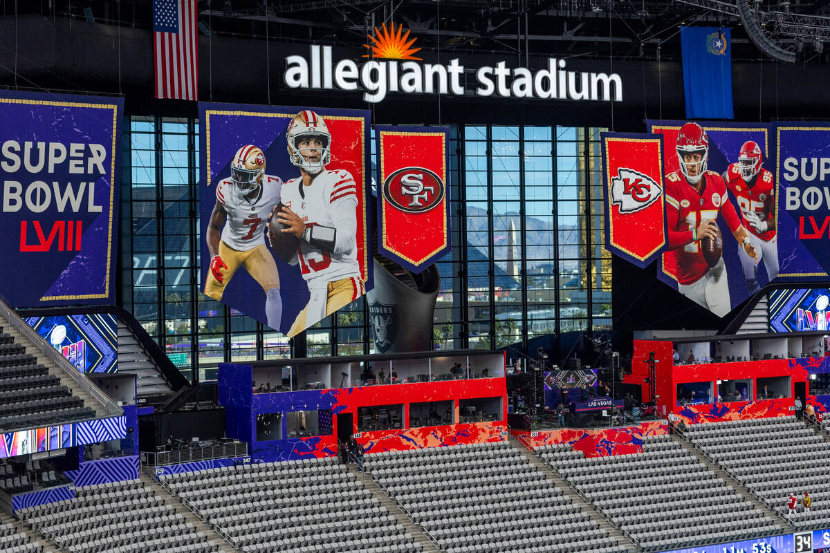 The empty stands before the start of Super Bowl LVIII at Allegiant Stadium on Sunday, Feb. 11, ...