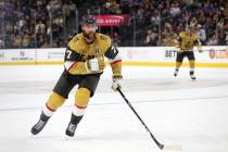 Golden Knights defenseman Alex Pietrangelo (7) skates during the third period of an NHL hockey ...