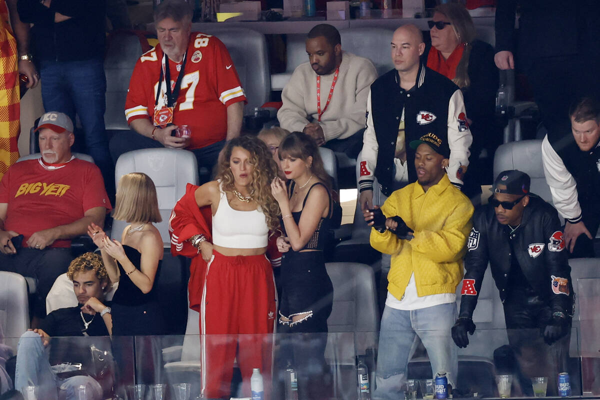 Taylor Swift is seen alongside Blake Lively during Super Bowl LVIII between the Kansas City Chi ...