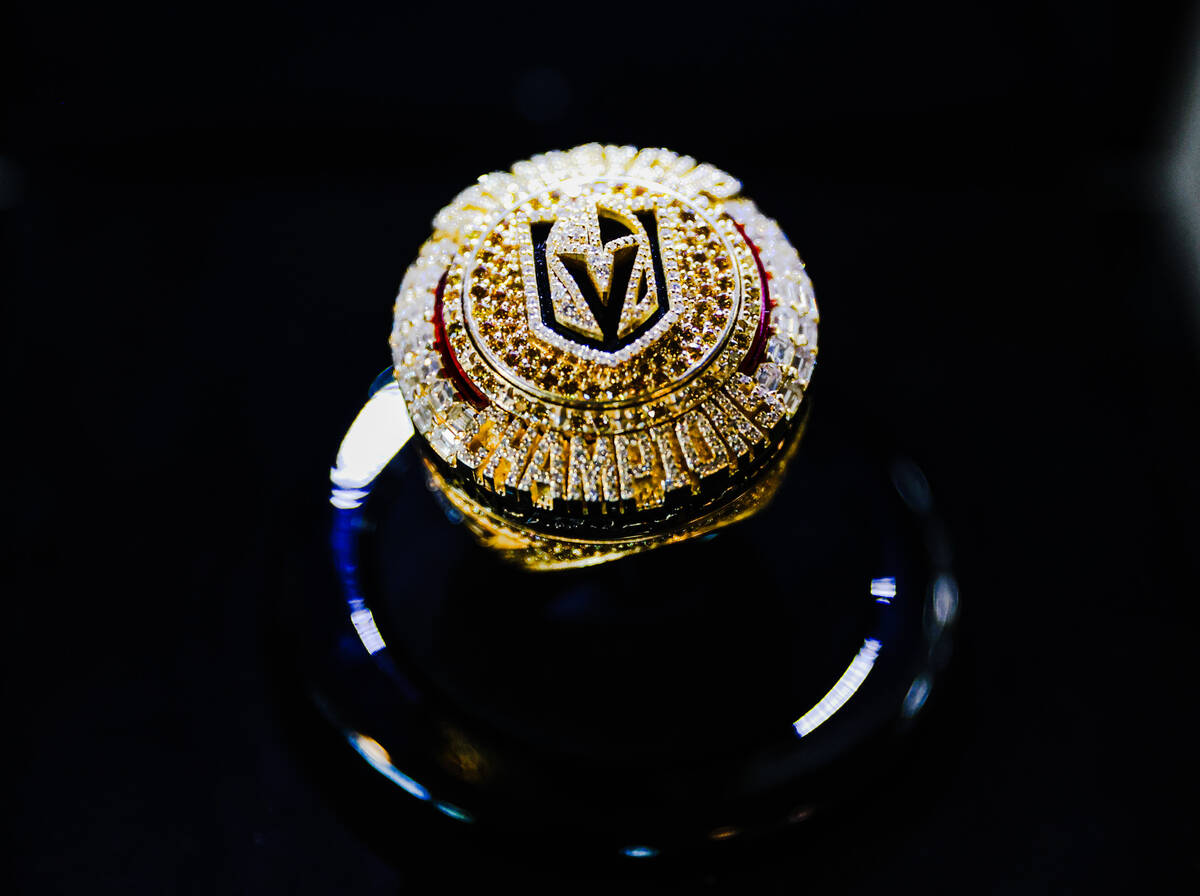 A Golden Knights championship ring at City National Arena in Las Vegas, Monday, Oct. 9, 2023. ( ...