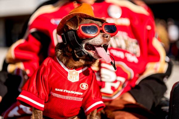 "Monster Man" attends a San Francisco 49ers watch party outside the Chase Center in S ...
