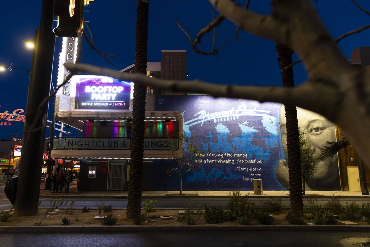 A mural of Tony Hsieh is seen on a commercial building that he owned at Fremont Street and Las ...