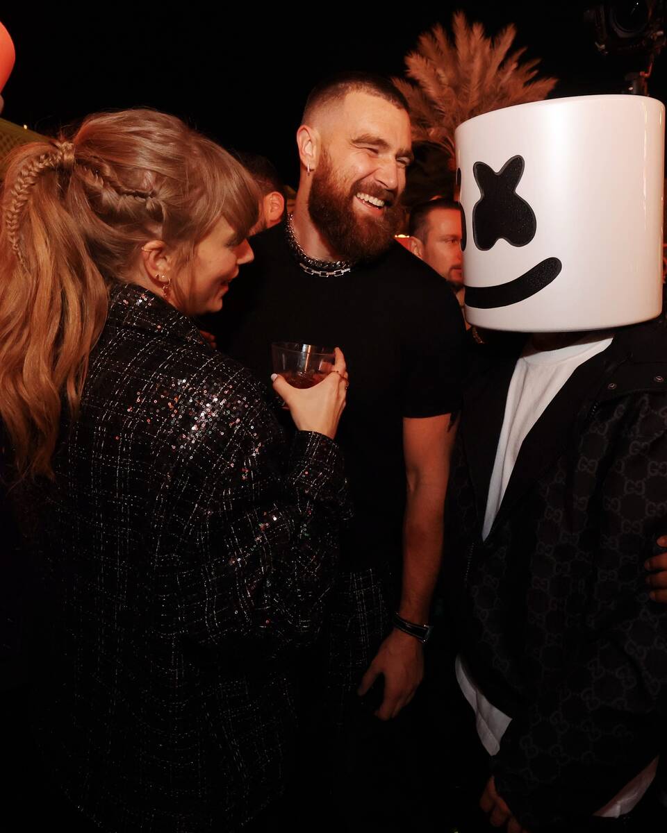 Taylor Swift, Travis Kelce and Marshmello at XS Nightclub inside Wynn Las Vegas on Feb. 11, 202 ...