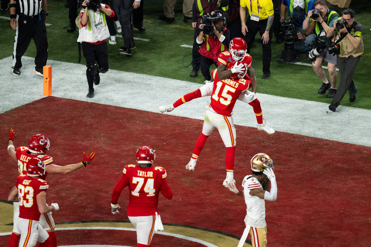 Kansas City Chiefs wide receiver Mecole Hardman Jr. (12) celebrates the game winning touchdown ...