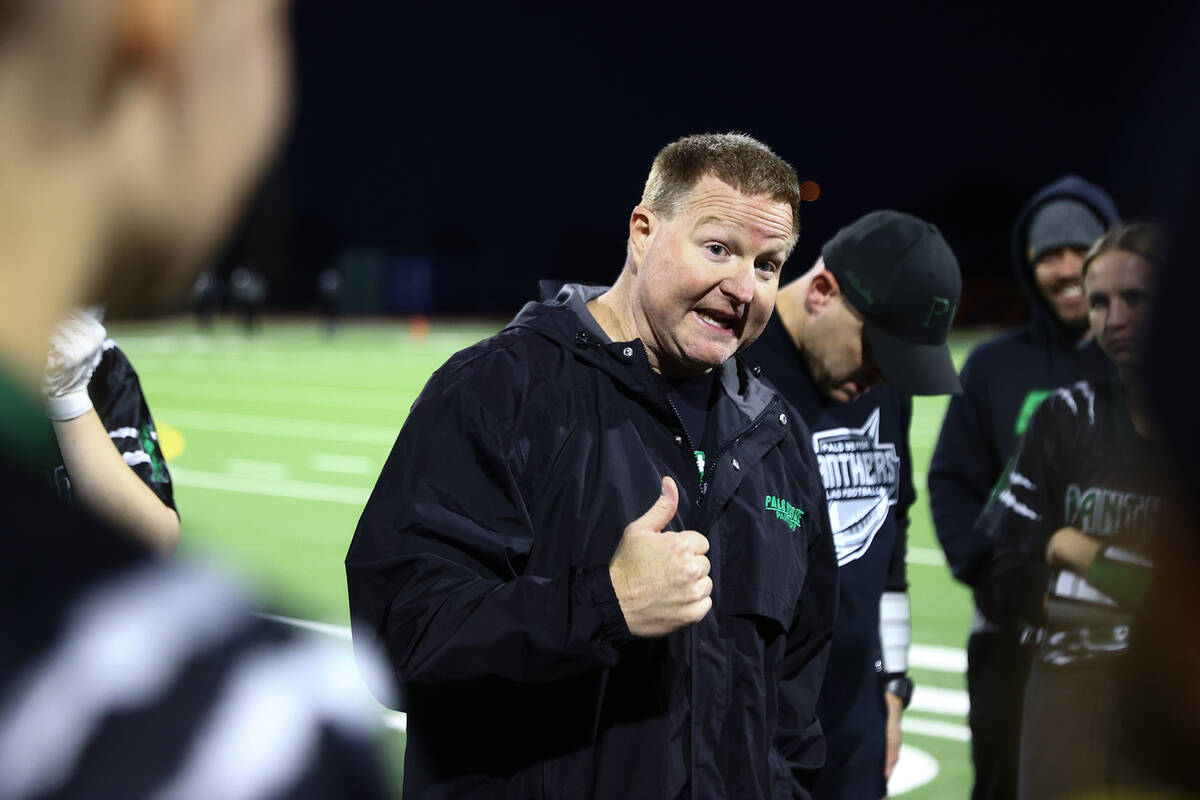 Palo Verde head coach Rick Eurich speaks with his team after they won a Class 5A state quarterf ...