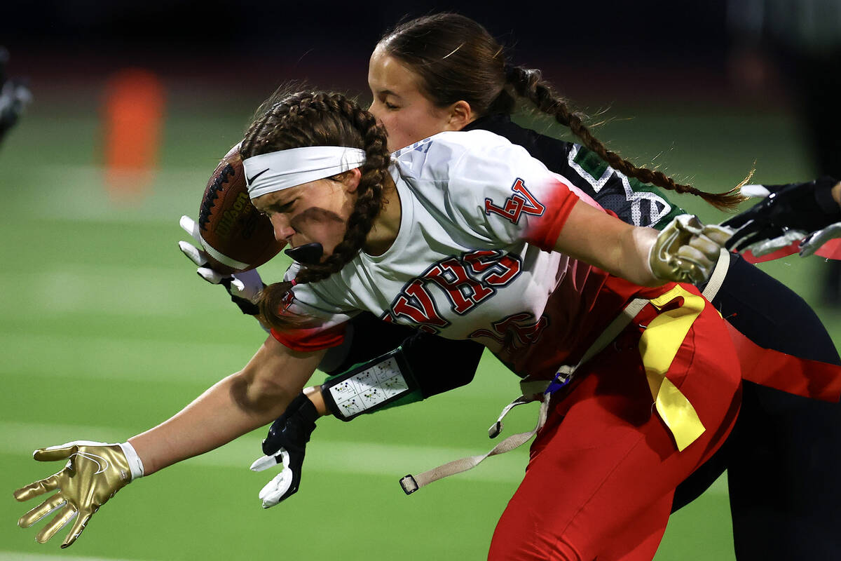 Palo Verde’s Madeline West (36) breaks up a pass intended for Las Vegas’ Alayna L ...