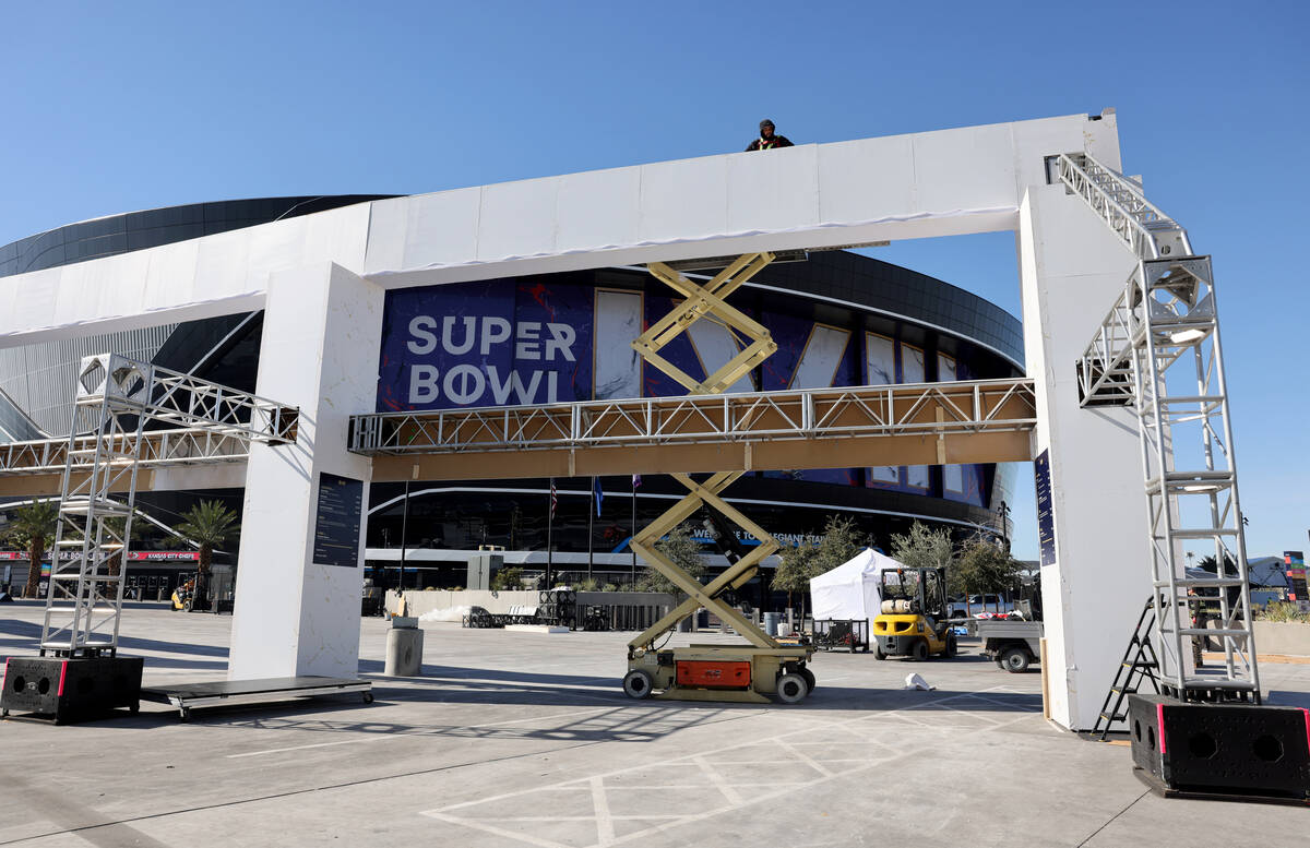 Crews tear down setups from the 2024 Super Bowl at Allegiant Stadium in Las Vegas on Tuesday, F ...