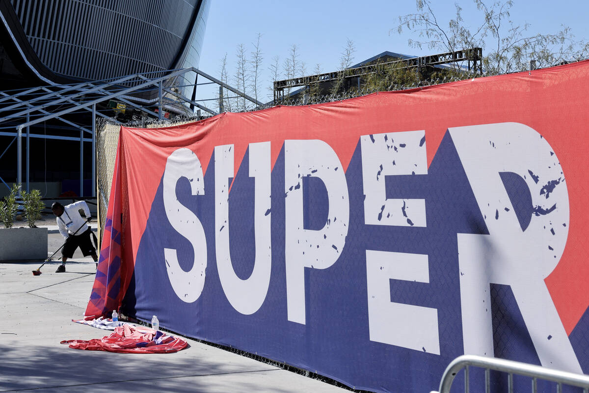 Crews tear down setups from the 2024 Super Bowl at Allegiant Stadium in Las Vegas on Tuesday, F ...