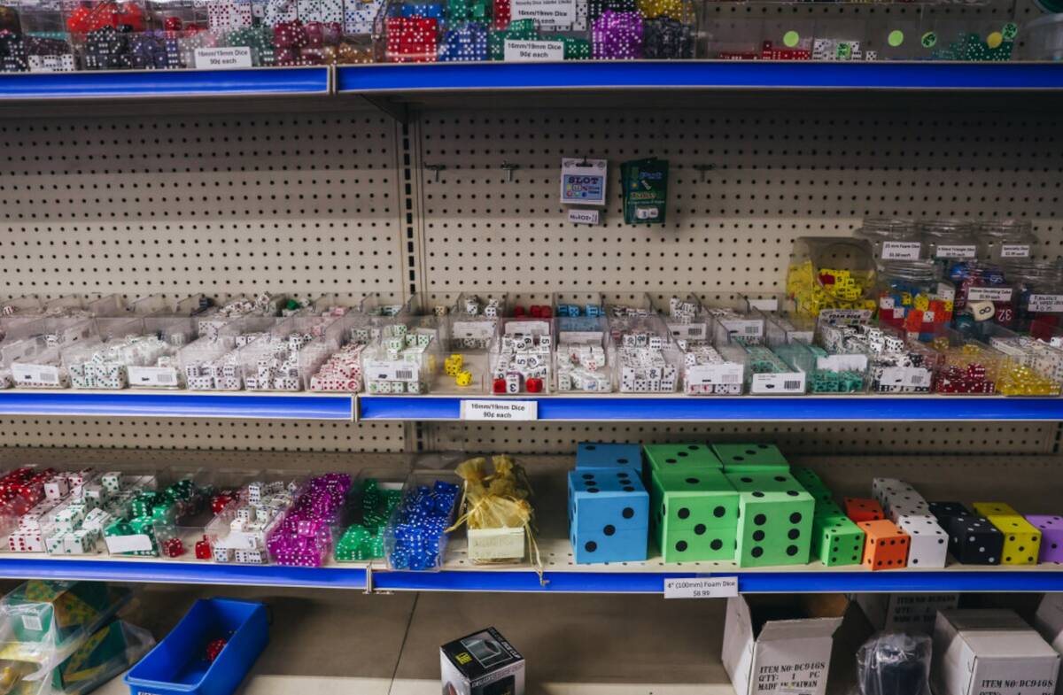 Various dice for sale is seen at Gambler’s General Store on Sunday, Feb. 18, 2024, in Las Veg ...