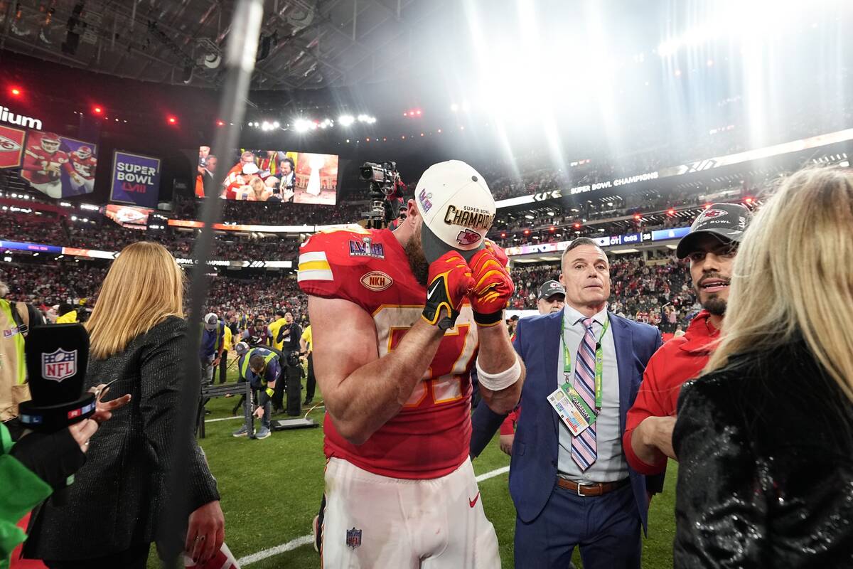 Kansas City Chiefs tight end Travis Kelce celebrates after the NFL Super Bowl 58 football game ...