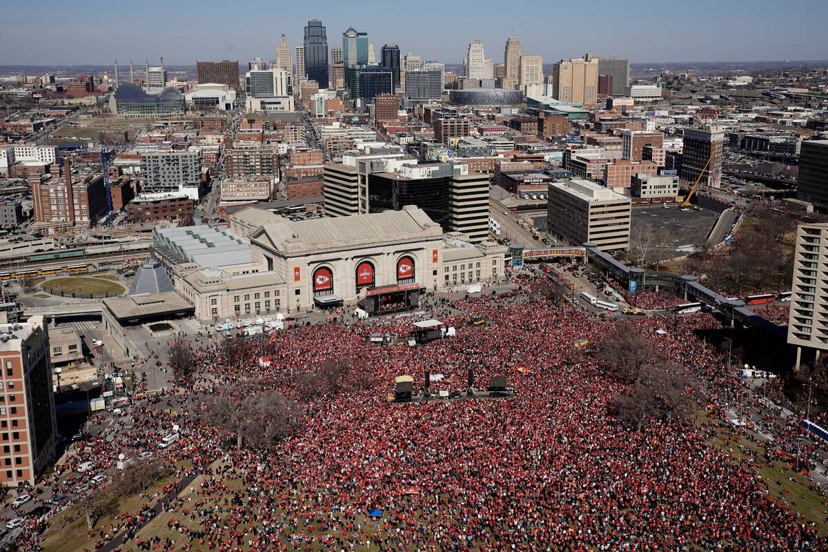 The Kansas City Chiefs celebrate during their victory parade in Kansas City, Mo., Wednesday, Fe ...