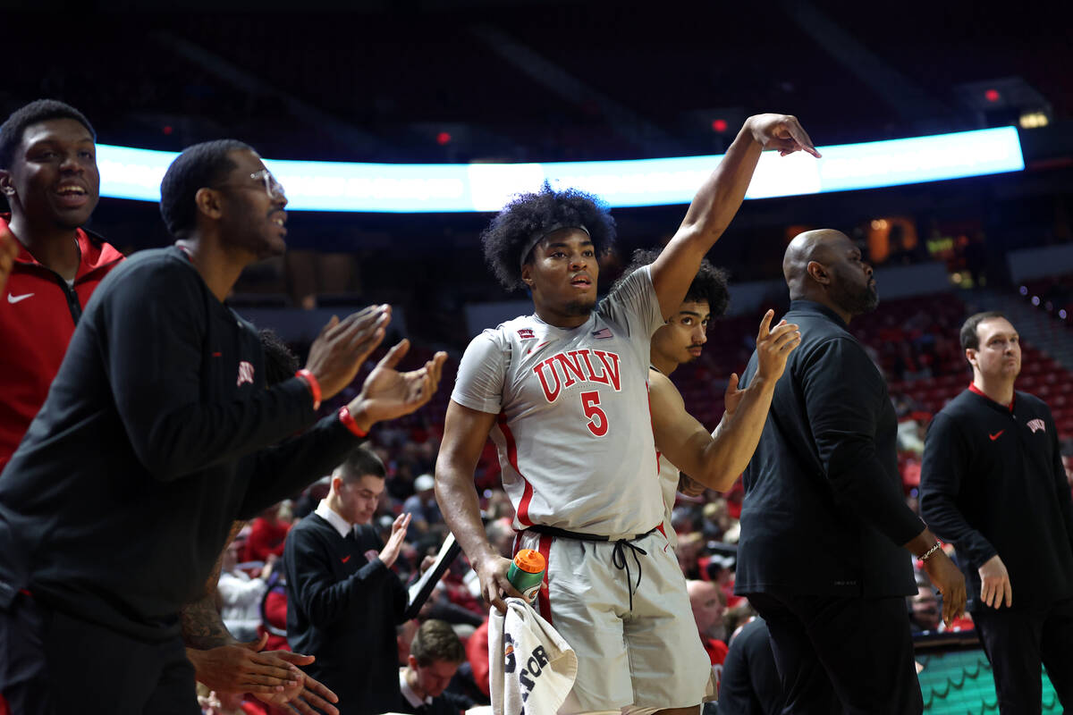 UNLV Rebels forward Rob Whaley Jr. (5) and the bench celebrate after their team scored during t ...